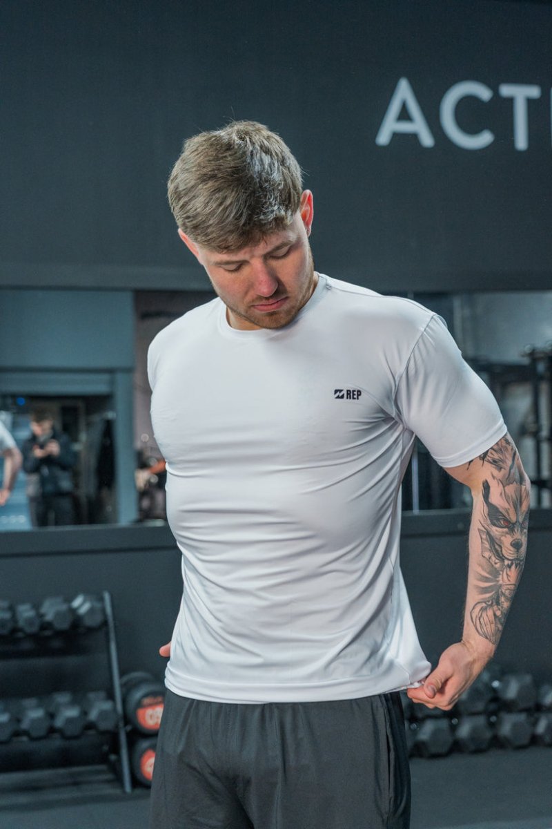 REP gym set: white gym top and gym shorts for men – mens gym tops, mens gym shorts, reps clothing, represent