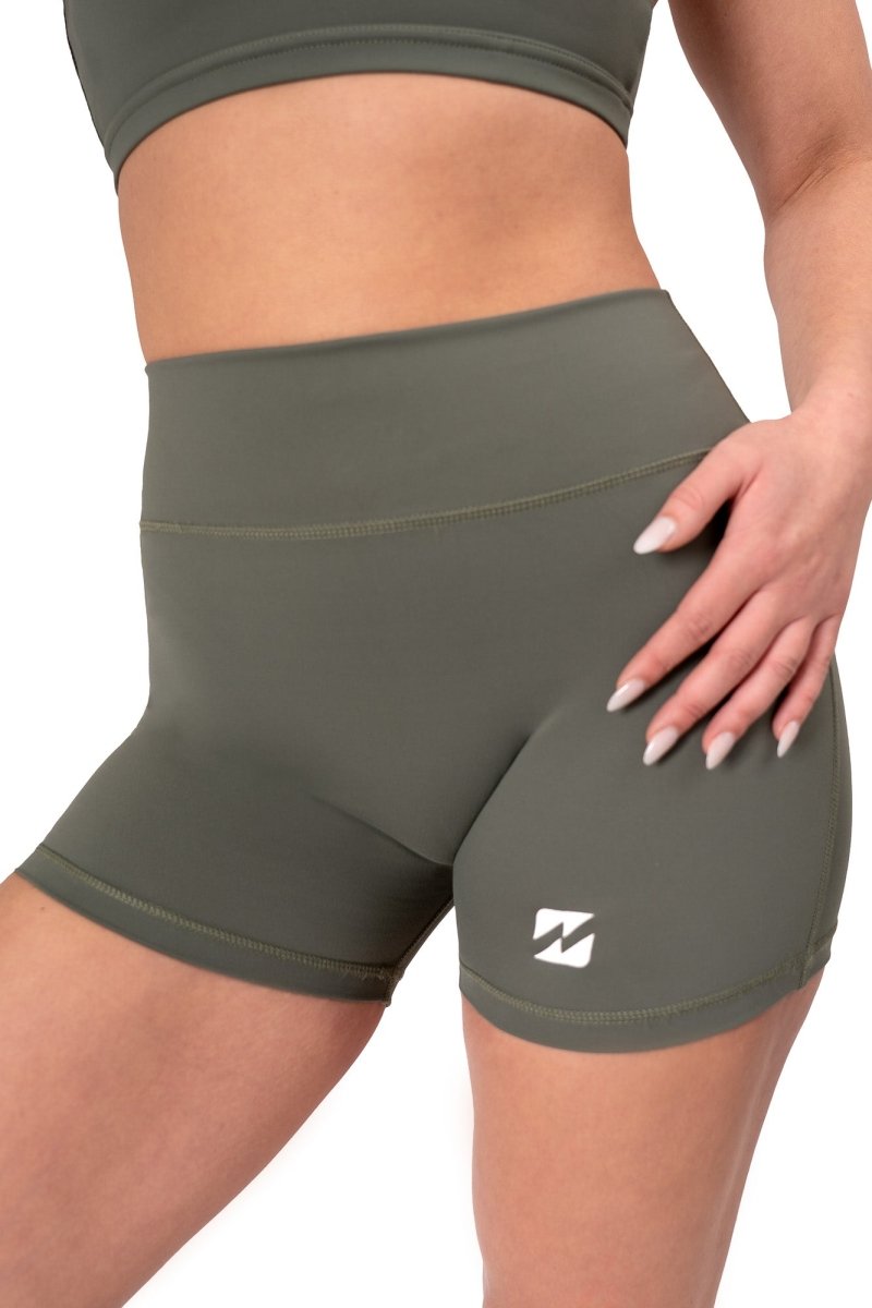 Woman in Khaki gym set – women’s gym shorts, gym top, reps clothing, gym shorts women